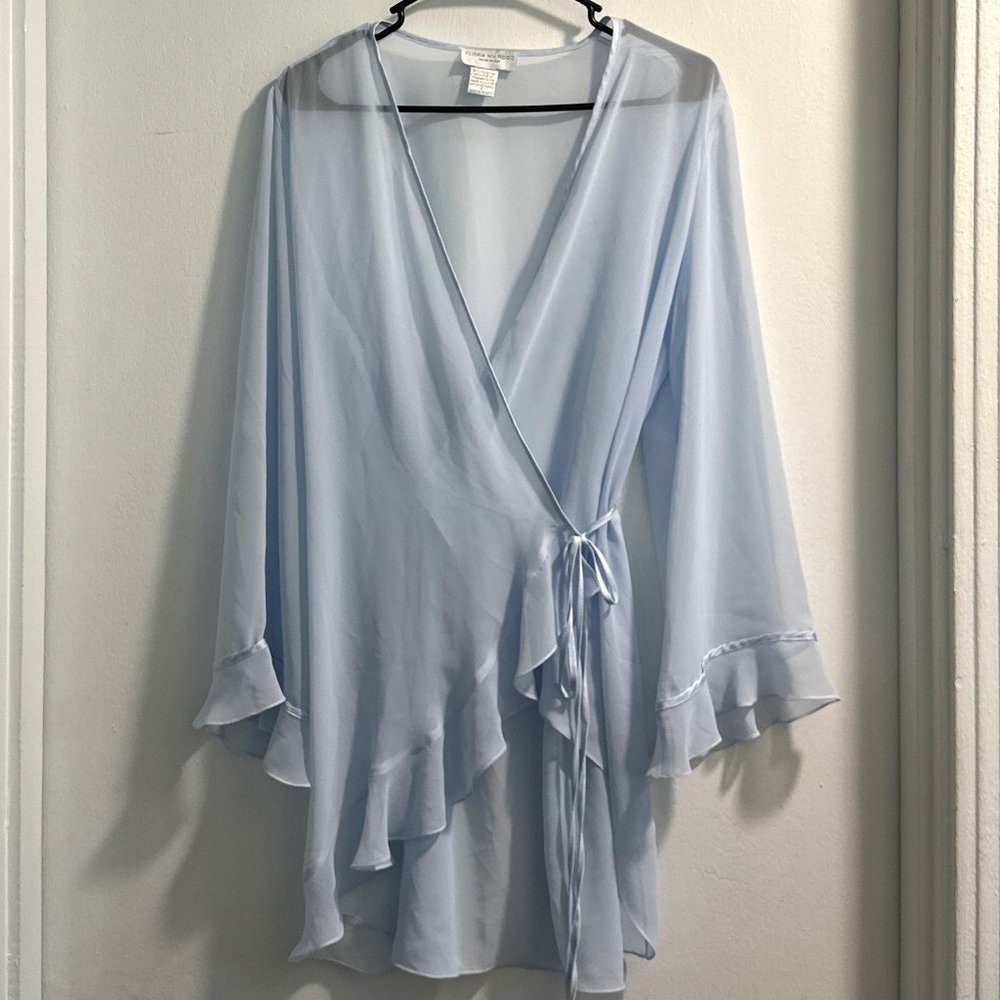 VTG Flora Nikrooz Dust Blue Sheer & Satin Wrap Tie Robe SZ Small